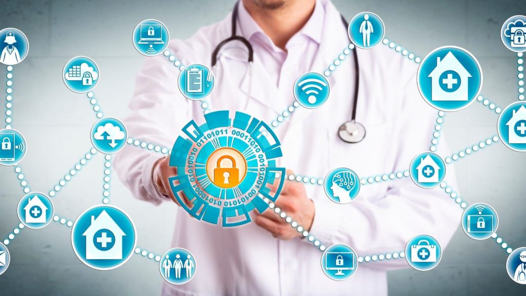 doctor-touching-screen-with-Security-Compliance-Digital-Healthcare