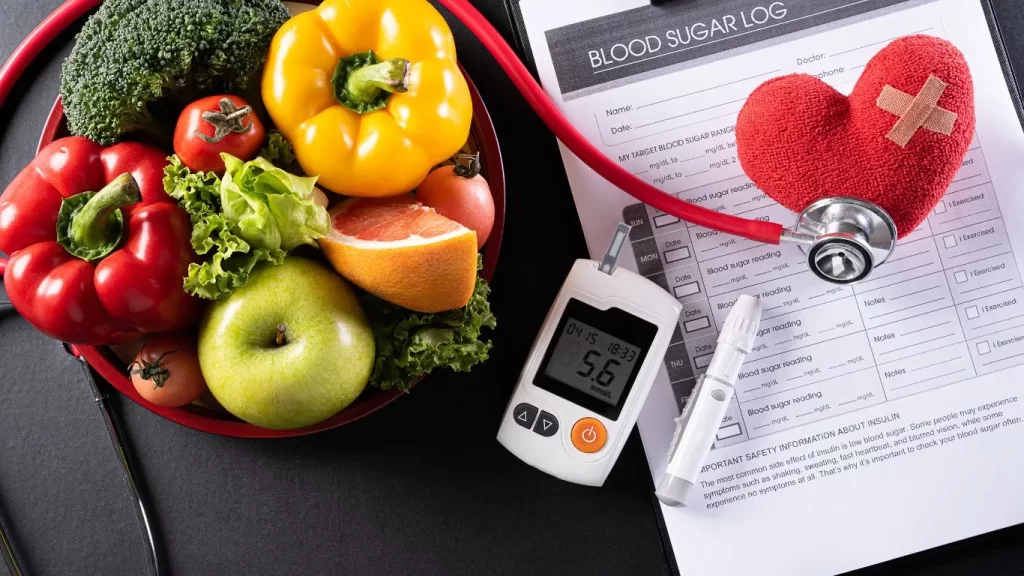 Diabetes-medical-form-with-diabetes-checking-device-and-vegitables